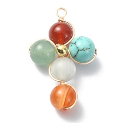 Mixed Stone Mixed Gemstone Round Copper Wire Wrapped Pendants, Cross Charms, with Golden Plated Brass Beads, 35x25x9.5mm, Hole: 2.5mm