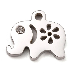 Stainless Steel Color 304 Stainless Steel Charms, Manual Polishing, with Crystal Rhinestone, Elephant, Stainless Steel Color, 11x12x1.2mm, Hole:1.8mm