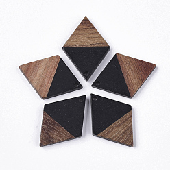 Black Resin & Walnut Wood Pendants, Rhombus, Black, 34.5x24x3mm, Hole: 2mm