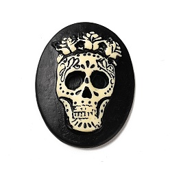 Black Halloween Opaque Resin Cabochons, Oval with Skull, Black, 37x28x7mm