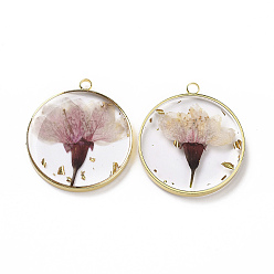 Misty Rose Transparent Clear Epoxy Resin Pendants, with Edge Golden Plated Brass Loops and Gold Foil, Flat Round Charms with Inner Flower, Misty Rose, 33.8x30x4mm, Hole: 2.5mm