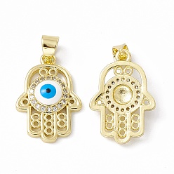 Real 18K Gold Plated Rack Plating Brass Micro Pave Clear Cubic Zirconia Pendants, with Enamel, Long-Lasting Plated, Cadmium Free & Lead Free, Hamsa Hand/Hand of Miriam with Evil Eye, Real 18K Gold Plated, 19.5x13.5x4mm, Hole: 4x3mm