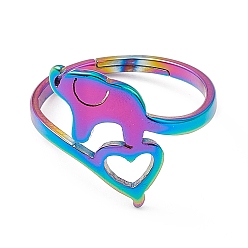 Rainbow Color Ion Plating(IP) 201 Stainless Steel Elephant with Heart Adjustable Ring for Women, Rainbow Color, US Size 6 1/4(16.7mm)
