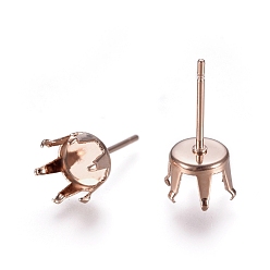 Rose Gold 304 Stainless Steel Stud Earring Findings, Prong Earring Settings, Rose Gold, Tray: 6mm, 16.5mm, Pin: 0.7mm