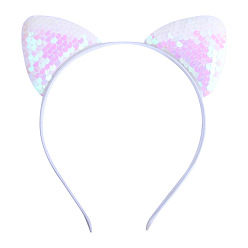 White Cat Ears with Reversible Sequins Cloth Head Bands, Hair Accessories for Girls, White, 150x188x9mm