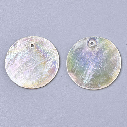 Clear AB Natural Capiz Shell Pendants,  AB Color, Flat Round, Clear AB, 25x1mm, Hole: 1.5mm