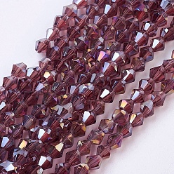 Prune Chapelets de perles en verre, de couleur plaquée ab , facette, Toupie, prune, 3x3~3.5mm, Trou: 0.5mm, Environ 125~130 pcs/chapelet, 15.5 pouce