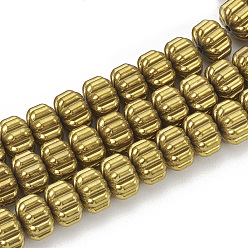 Golden Plated Electroplate Non-magnetic Synthetic Hematite Corrugated Beads Strands, Pumpkin, Golden Plated, 8x6mm, Hole: 1mm, about 70pcs/strand, 15.7 inch