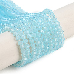 Azul Cielo Hebras de perlas de vidrio transparentes pintadas para hornear, imitación opalite, facetados, bicono, luz azul cielo, 3.5x2.5 mm, agujero: 0.7 mm, sobre 135 unidades / cadena, 16.85 pulgada (42.8 cm)