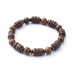 Brun De Noix De Coco Bracelets élastiques, avec des perles de bois naturel et des perles d'hématite synthétique non magnétiques, brun coco, diamètre intérieur: 2-1/8 pouce (5.5 cm)