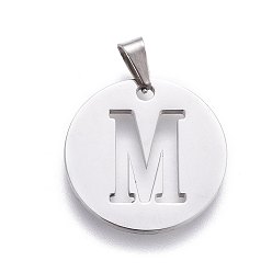 Letter M 201 Stainless Steel Pendants, Flat Round with Letter, Stainless Steel Color, Letter.M, 24.5x19.7x1.3mm, Hole: 4x3mm