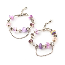 Mixed Color European Style Snake Chain Bracelet, Acrylic & Resin & Polymer Clay Rondelle Beaded Bracelet with Safety Chain for Women, Platinum, Mixed Color, 7-1/2 inch(19.2cm)