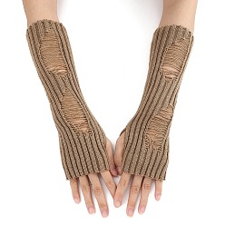 Tan Acrylic Fiber Yarn Knitting Fingerless Gloves, Winter Warm Gloves with Thumb Hole, Tan, 200x70mm