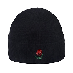 Fleur Bonnet à revers en fil de fibre de polyacrylonitrile, bonnet d'hiver en tricot pour femme, noir, motif de fleur, 300x185x18mm