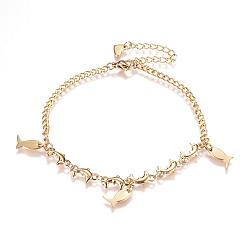 Golden 304 Stainless Steel Charm Bracelets, with Cubic Zirconia and Lobster Claw Clasps, Golden, 8-1/4 inch(215mm)x2mm