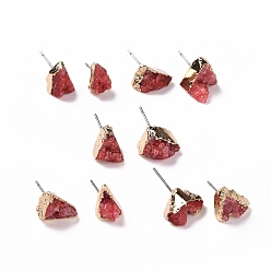 Red Natural Dyed Druzy Quartz Stud Earrings, with Brass Findings, Nuggets, Golden, Red, 3~13x3~13x4~9mm, Pin: 0.7mm