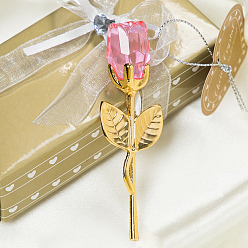 Perlas de Color Rosa Rosa de cristal con rama de flores de varilla de metal., para regalo de boda regalo del día de san valentín, dorado, rosa perla, 90x30x20 mm