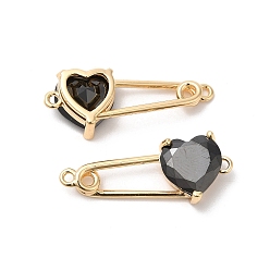 Black Heart Shaped Glass Connector Charms, Real 18K Gold Plated Brass Safety Pin Links, Black, 11x28.5x5.8mm, Hole: 1.4mm