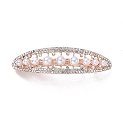 Rose Gold Alloy Crystal Rhinestone Hair Barrettes, with Imitation Pearl Beads, Horse Eye, Rose Gold, 20x73.5x24mm