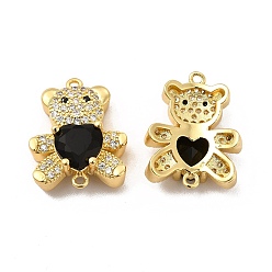 Black Rack Plating Brass Micro Pave Clear Cubic Zirconia Connector Charms, Bear Links with Glass, Long-Lasting Plated, Cadmium Free & Lead Free, Real 18K Gold Plated, Black, 20x16x7mm, Hole: 1.2mm