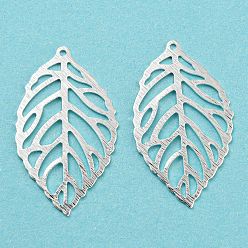 925 Sterling Silver Plated Eco-friendly Brass Pendants, Cadmium Free & Lead Free, Hollow, Leaf Charm, 925 Sterling Silver Plated, 27x16x0.5mm, Hole: 1mm