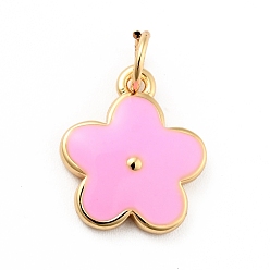 Pearl Pink Rack Plating Brass Enamel Charms, with Jump Rings, Cadmium Free & Lead Free, Real 18K Gold Plated, Flower, Pearl Pink, 14.5x12x1.3mm, Hole: 3.3mm