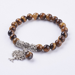 Œil De Tigre Tigre naturel bracelets élastiques des yeux, avec pendentifs de style tibétain, 2 pouces (51 mm)
