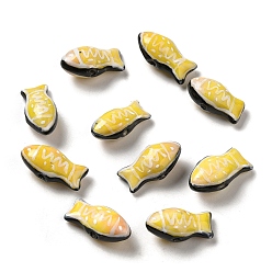 Yellow Handmade Printed Porcelain Beads, Famille Rose Porcelain, Fish, Yellow, 11x21.5~22x9mm, Hole: 1.5~1.8mm