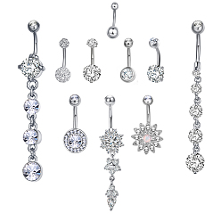 Platinum Brass Piercing Jewelry, Belly Rings, with Glass Rhinestone, Mixed Shapes, Platinum, 21~64mm, bar: 15 Gauge(1.5mm), bar length: 3/8"(10mm)~9/16"(14mm)