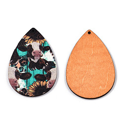 Coconut Brown Single Face Printed Basswood Big Pendants, Teardrop Charm with Cow Pattern, Coconut Brown, 60x40x3mm, Hole: 2mm