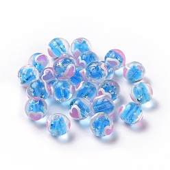 Deep Sky Blue Handmade Lampwork Beads, Round with Heart, Deep Sky Blue, 10x9mm, Hole: 1.4mm