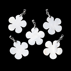 White Natural White Shell Pendants, Flower Charms with Platinum Plated Brass Pinch Bails, White, 23x24x1.5~2mm, Hole: 5x4mm