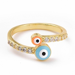 Light Sky Blue Enamel Evil Eye Open Cuff Ring with Clear Cubic Zirconia, Gold Plated Brass Jewelry for Women, Cadmium Free & Lead Free, Light Sky Blue, US Size 8 3/4(18.7mm)