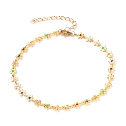 Real 18K Gold Plated Brass Enamel Flower Link Chain Anklets, with 304 Stainless Steel Lobster Claw Clasps, Colorful, Real 18K Gold Plated, 9-7/8 inch(24.9cm)
