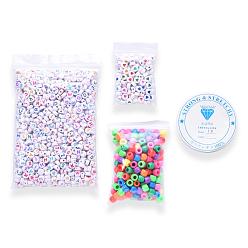 Mixed Color 1 Bag 1200Pcs Opaque Acrylic Flat Round with Letter & Heart Beads, with 1roll Clear Elastic Crystal Thread, for DIY Children's Day Themed Bracelets Making Kits, Mixed Color, 7x7x3.5mm, Hole: 1.2~1.8mm