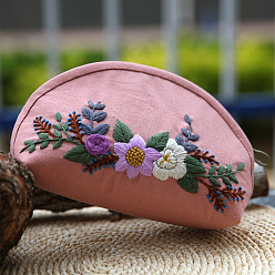 Pink Набор для вышивки косметички в форме луны с цветочным узором своими руками, включая иглы для вышивания и нитки, хлопчатобумажная льняная ткань, розовые, 120x170x80 мм