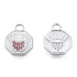 Stainless Steel Color 304 Stainless Steel Pendants, with Light Rose Rhinestone, Octagon with Heart, Stainless Steel Color, 16.5x12.5x2mm, Hole: 3mm