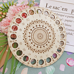 Beige 20-Position Mandala Theme Basswood Embroidery Thread Plate, Cross Stitch Threading Board Tools, Flat Round with Flower Pattern, Beige, 140mm