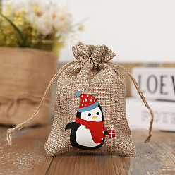 Penguin Christmas Theme Linenette Drawstring Bags, Rectangle with Penguin Pattern, Peru, Penguin Pattern, 14x10cm