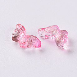 Hot Pink Transparent Spray Painted Glass Beads, with Glitter Powder, Butterfly, Hot Pink, 8x15x4.5mm, Hole: 1mm