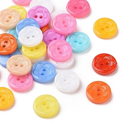 Mixed Color Acrylic Sewing Buttons for Clothes Design, Plastic Buttons, 2-Hole, Dyed, Flat Round with Flower Pattern, Mixed Color, 12.5x3mm, Hole: 1mm