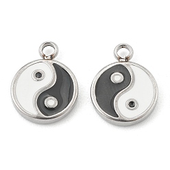 Stainless Steel Color Fashion 304 Stainless Steel Enamel Charms, Flat Round with Tai Ji, Stainless Steel Color, 13x10x2mm, Hole: 1.8mm