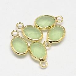 Light Green Oval Faceted Golden Tone Brass Glass Charms, Light Green, 12x7x3.5mm, Hole: 1mm