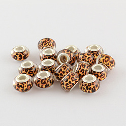 Chocolat  Perles européennes en résine de grand trou, avec couleur argent plaqué doubles noyaux de cuivre, rondelle, chocolat, 14x9mm, Trou: 5mm