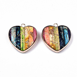 Colorful Natural Regalite/Imperial Jasper/Sea Sediment Jasper Pendants, with Light Gold Tone Brass Edge, Dyed, Heart, Colorful, 24x21.5x6mm, Hole: 2mm