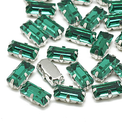 Med.Emerald Sew on Rhinestone, Multi-strand Links, Glass Rhinestone, with Brass Prong Settings, Garments Accessories, Faceted, Rectangle, Platinum, Med.Emerald, 10.5x5.5x4mm, Hole: 1mm
