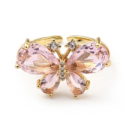 Pink Cubic Zirconia Butterfly Open Cuff Ring, Real 18K Gold Plated Brass Jewelry for Women, Cadmium Free & Lead Free, Pink, US Size 5 1/2(16.1mm)
