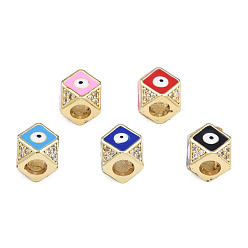 Mixed Color Brass Micro Pave Clear Cubic Zirconia Beads, with Enamel, Real 18K Gold Plated, Octagon with Evil Eye, Nickel Free, Mixed Color, 11x11x8.5mm, Hole: 4mm