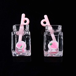 Rose Nacré Pendentifs en résine imitation boisson, argile polymère pêche à l'intérieur, avec bouteille acrylique, perle rose, 25~28x12x11mm, Trou: 1.8mm