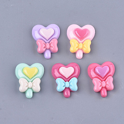 Mixed Color Resin Cabochons, Heart Lollipop with Bowknot, Mixed Color, 23~23.5x18x6mm